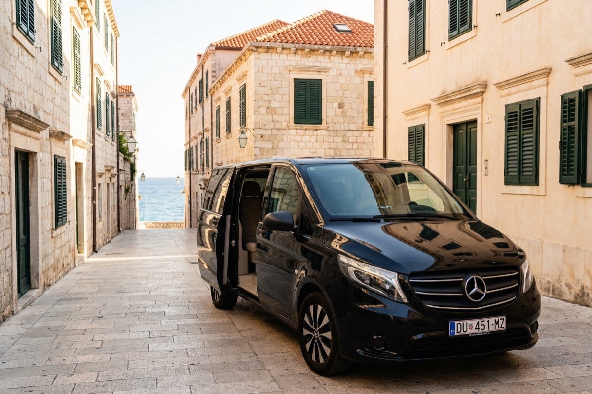 Black Mercedes-Benz Vito on a Dubrovnik old-town street